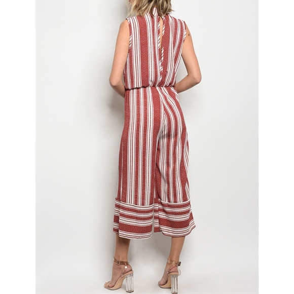 LAST ONE!! Burgundy Ivory Stripe Wide Leg Jumpsuit - Picture 2 of 4
